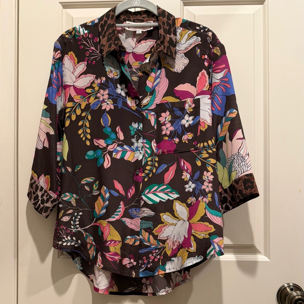 Johnny Was Pink and Brown Floral silk blouse